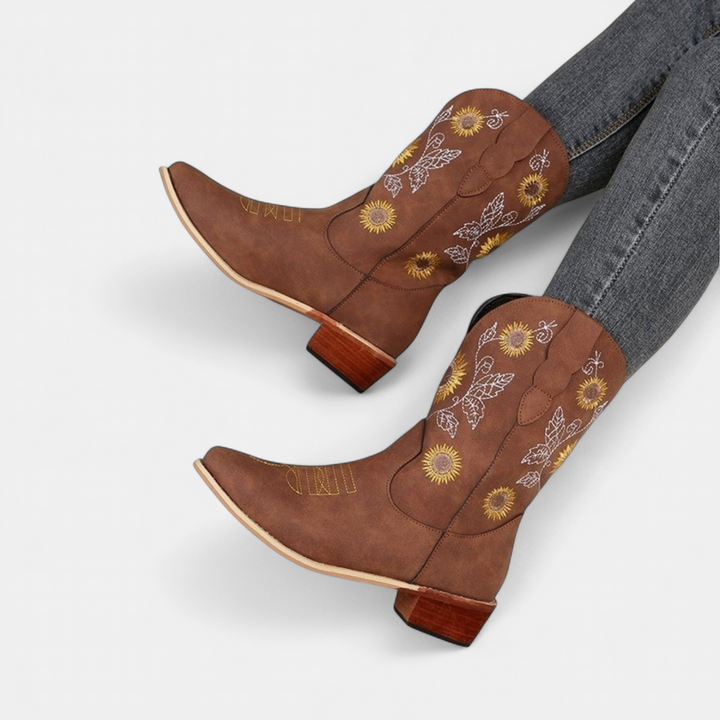 Women's Cowboy Boots, Square Toe Sunflower Embroidered
