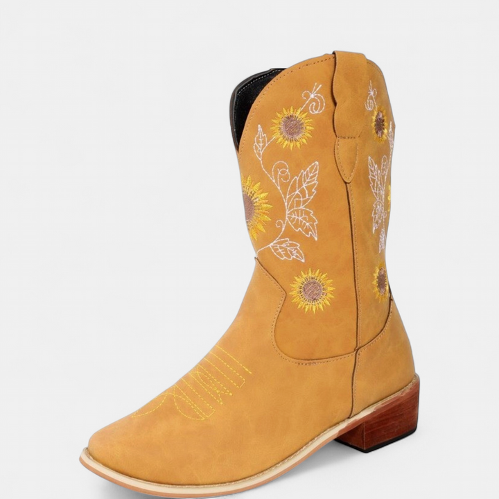 Women's Cowboy Boots, Square Toe Sunflower Embroidered