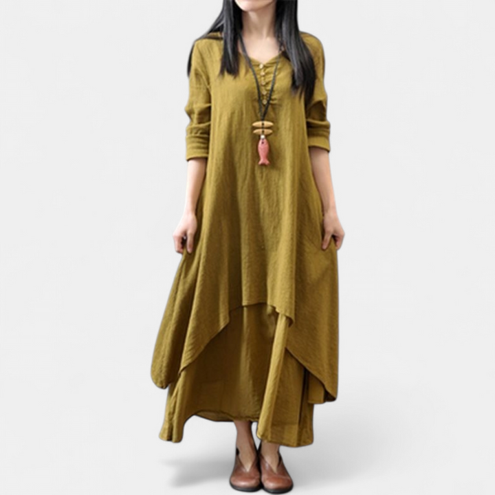 FAYE | Women's Long Sleeve Boho Linen Maxi Dress