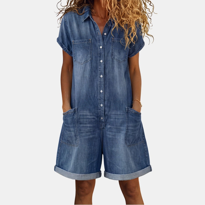 Women's Denim Romper, Short Sleeve Collared Button Front