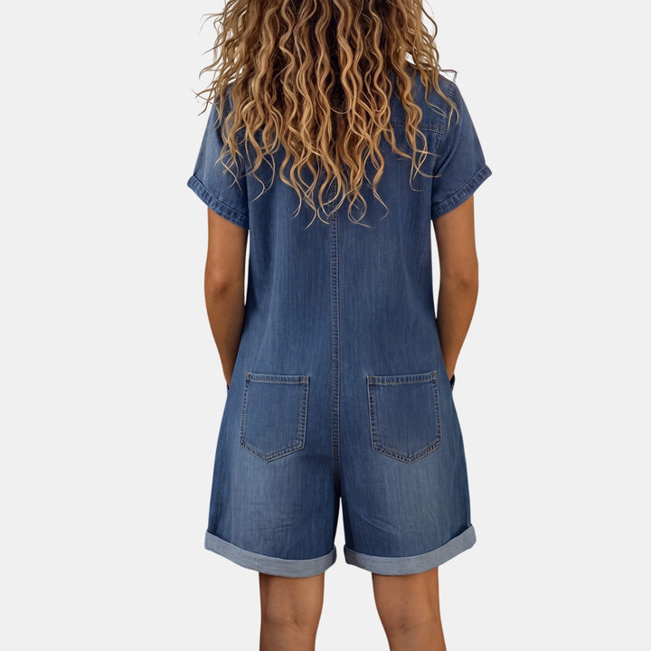 Women's Denim Romper, Short Sleeve Collared Button Front