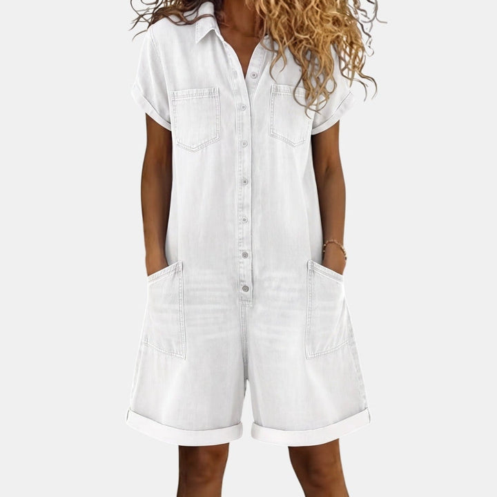 Women's Denim Romper, Short Sleeve Collared Button Front