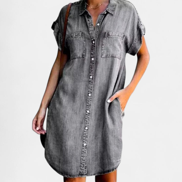 Women's Denim Mini Shirt Dress, Short Sleeve Button Front