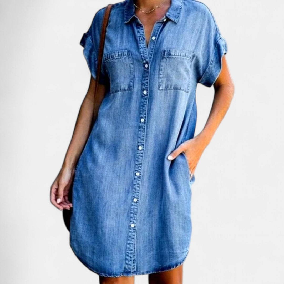 Women's Denim Mini Shirt Dress, Short Sleeve Button Front
