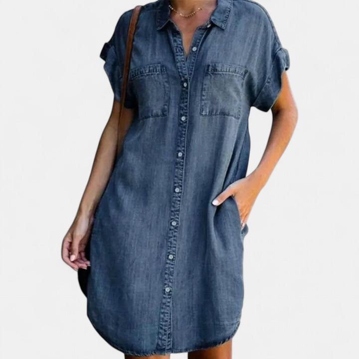 Women's Denim Mini Shirt Dress, Short Sleeve Button Front