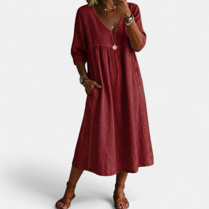 Women's Cotton Linen Midi Dress, V Neck Crochet Trim