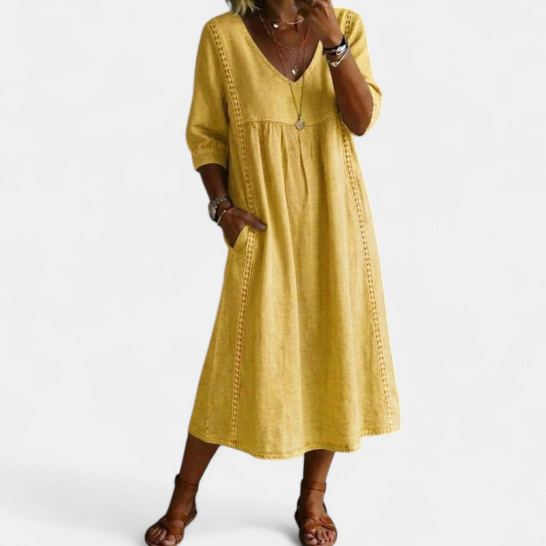 Women's Cotton Linen Midi Dress, V Neck Crochet Trim