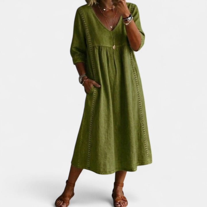 Women's Cotton Linen Midi Dress, V Neck Crochet Trim