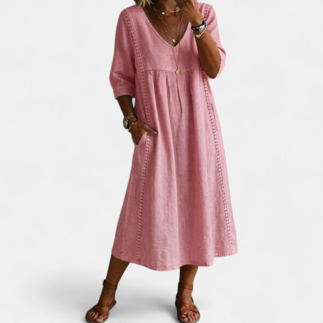 Women's Cotton Linen Midi Dress, V Neck Crochet Trim