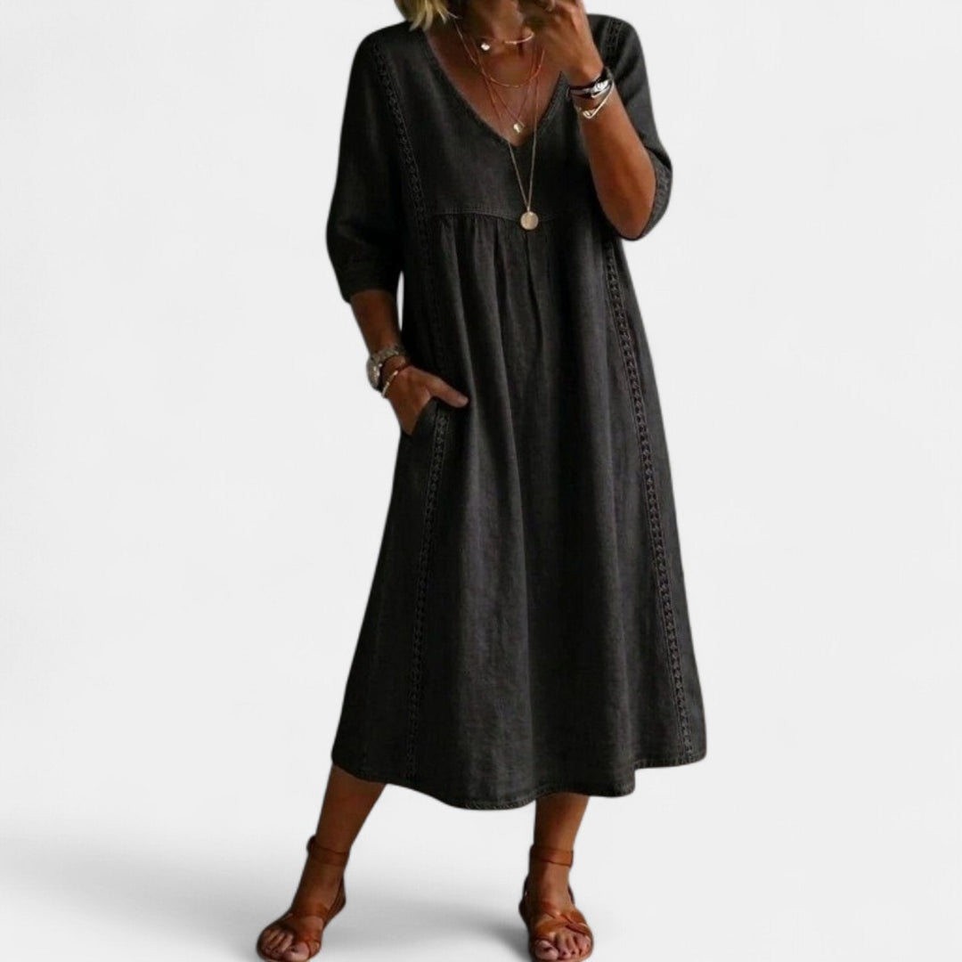 Women's Cotton Linen Midi Dress, V Neck Crochet Trim