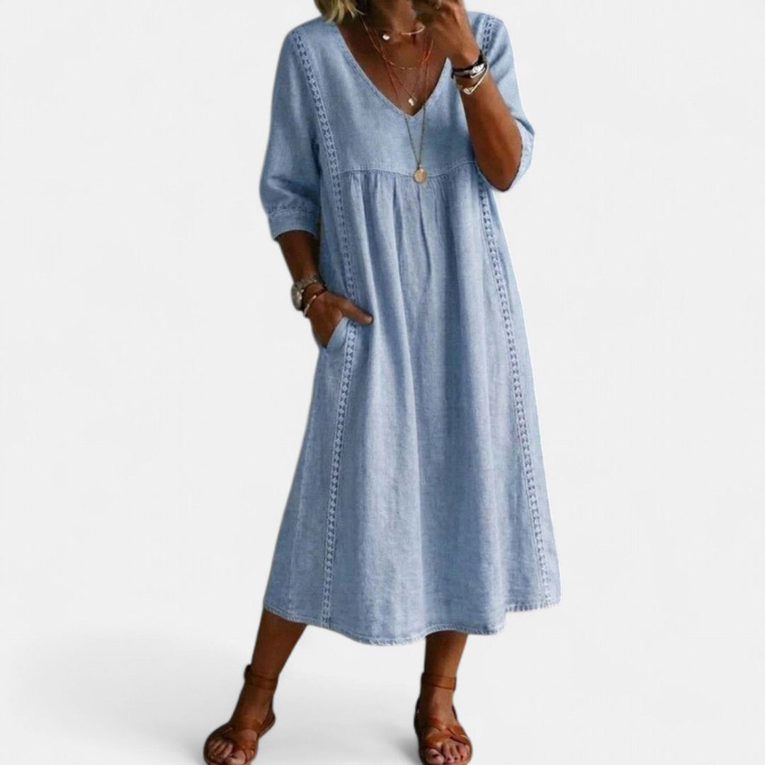 Women's Cotton Linen Midi Dress, V Neck Crochet Trim