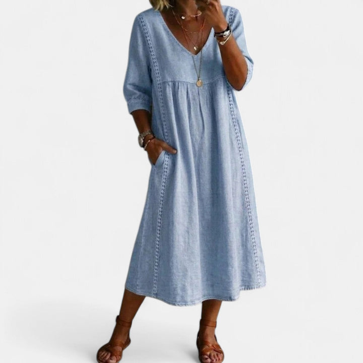 Women's Cotton Linen Midi Dress, V Neck Crochet Trim