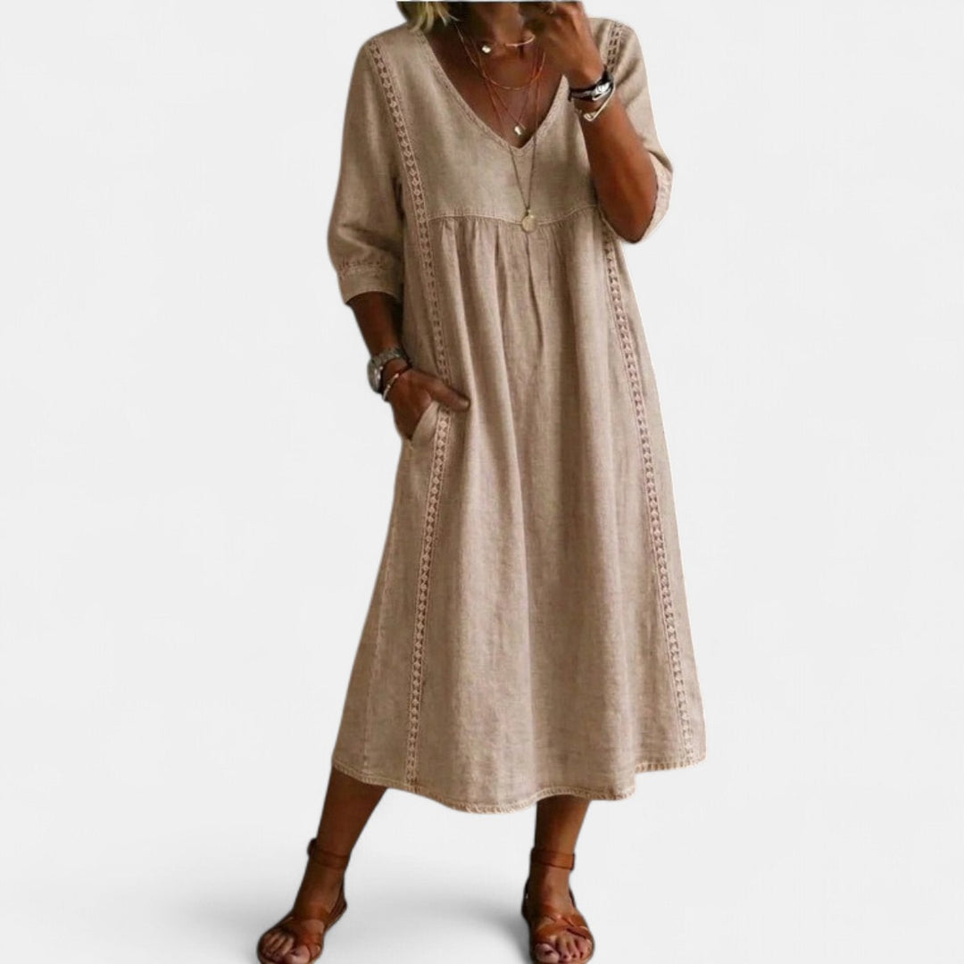 Women's Cotton Linen Midi Dress, V Neck Crochet Trim