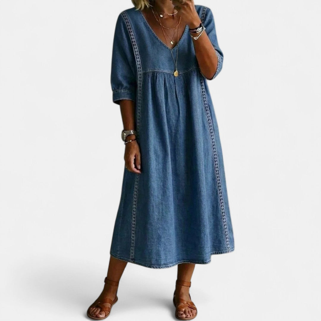 Women's Cotton Linen Midi Dress, V Neck Crochet Trim