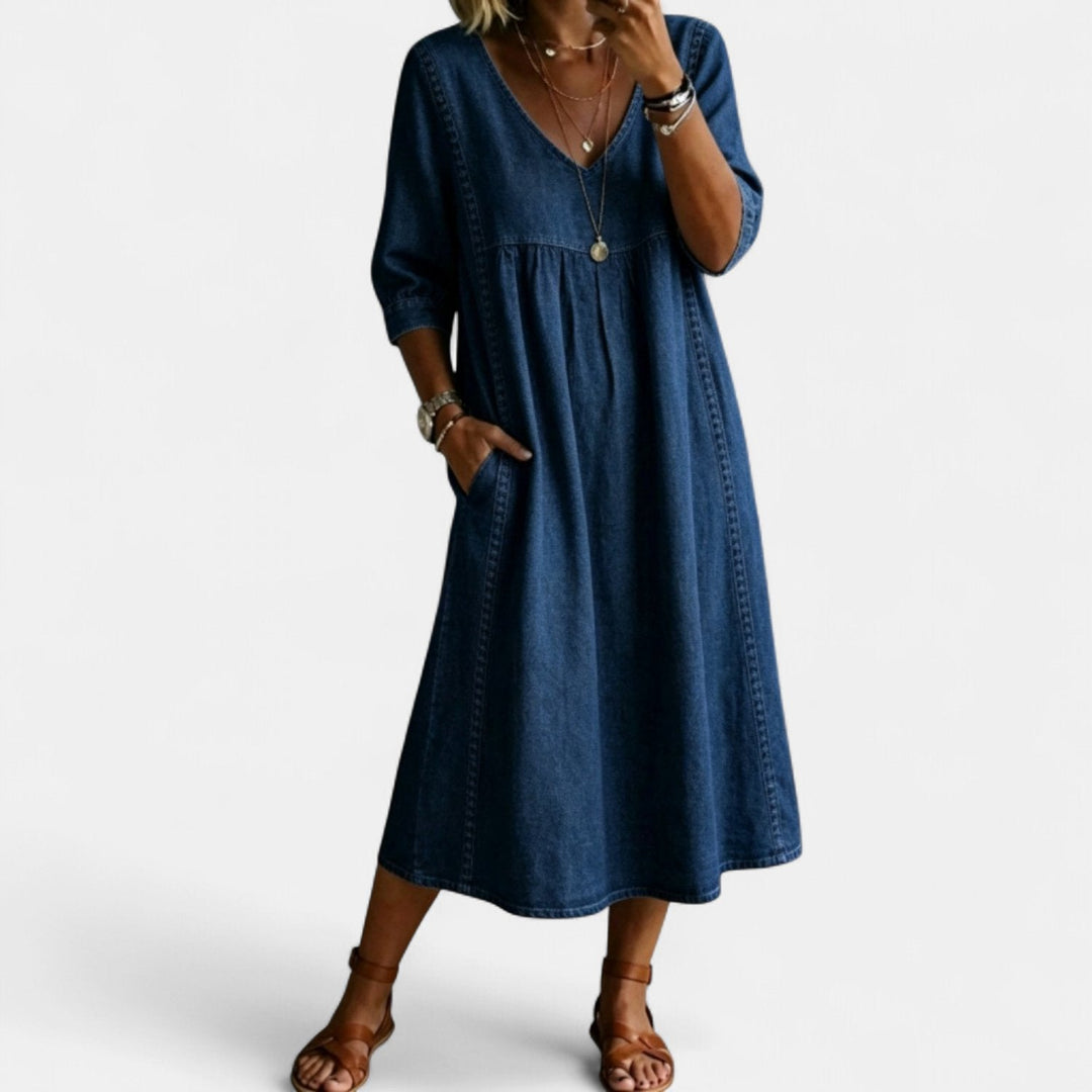 Women's Cotton Linen Midi Dress, V Neck Crochet Trim