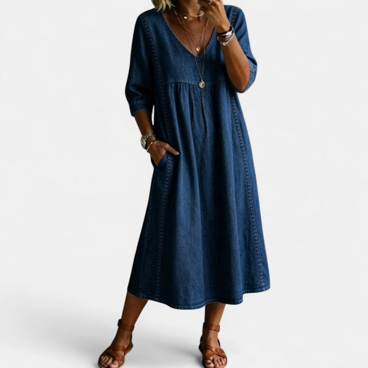 Women's Cotton Linen Midi Dress, V Neck Crochet Trim