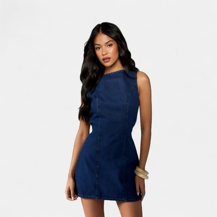 Women's Denim Mini Dress, Sleeveless Bodycon Tie Back