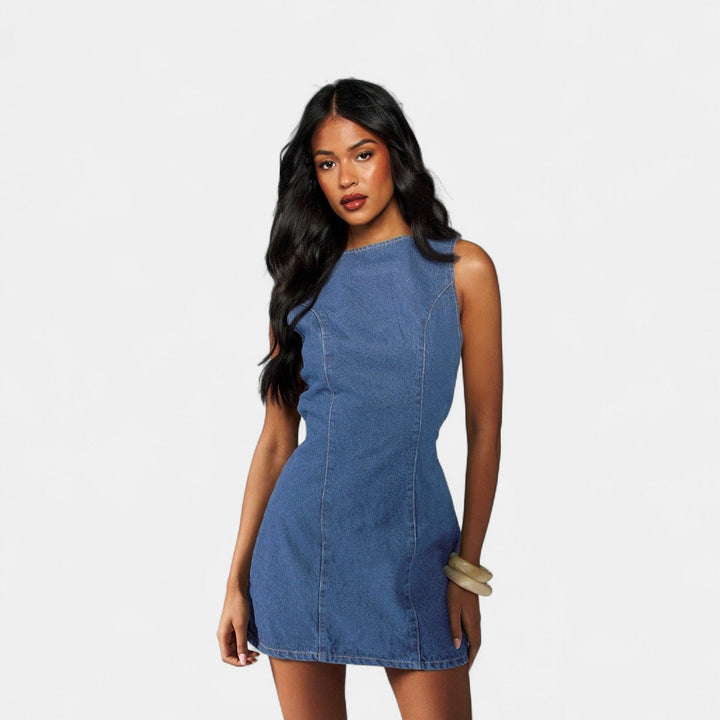 Women's Denim Mini Dress, Sleeveless Bodycon Tie Back