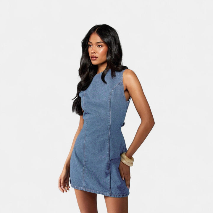 Women's Denim Mini Dress, Sleeveless Bodycon Tie Back