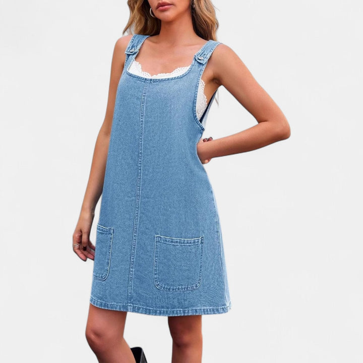 Women's Denim Pinafore Mini Dress, Sleeveless Button Straps