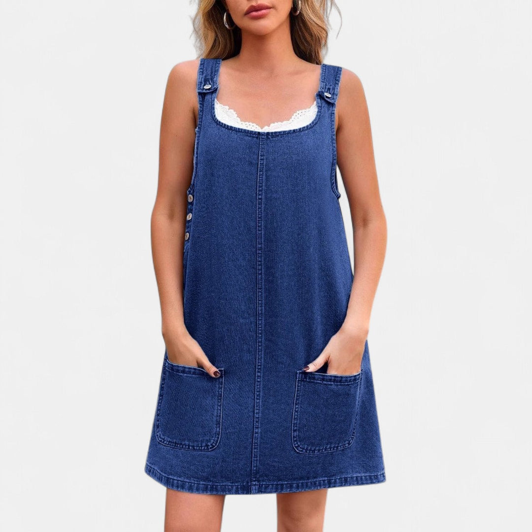 Women's Denim Pinafore Mini Dress, Sleeveless Button Straps