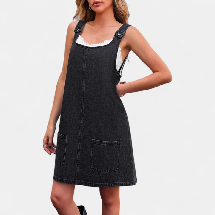 Women's Denim Pinafore Mini Dress, Sleeveless Button Straps