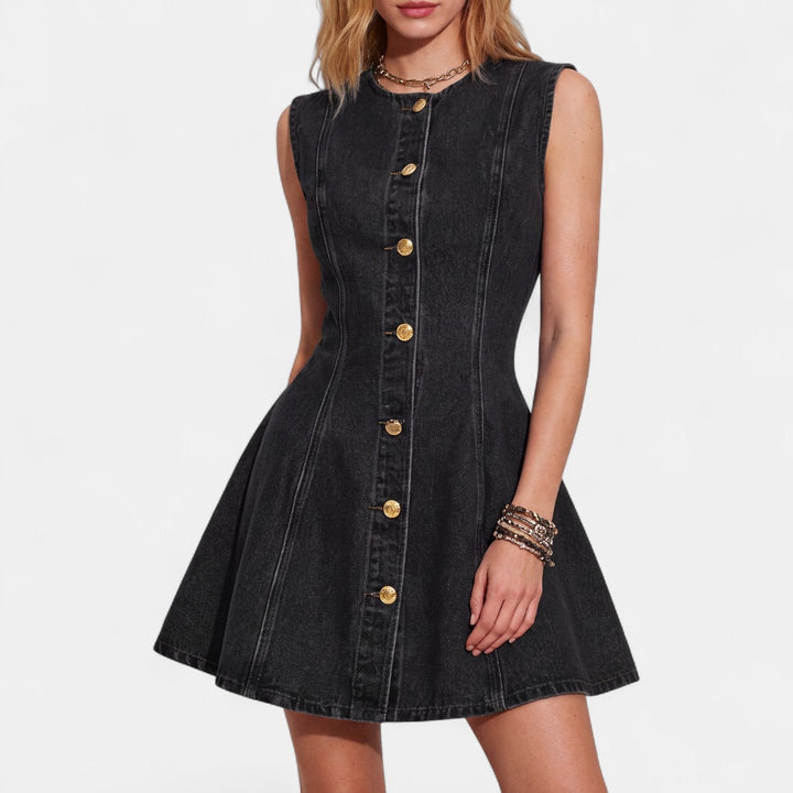 Women's Denim Skater Mini Dress, Sleeveless Button Front