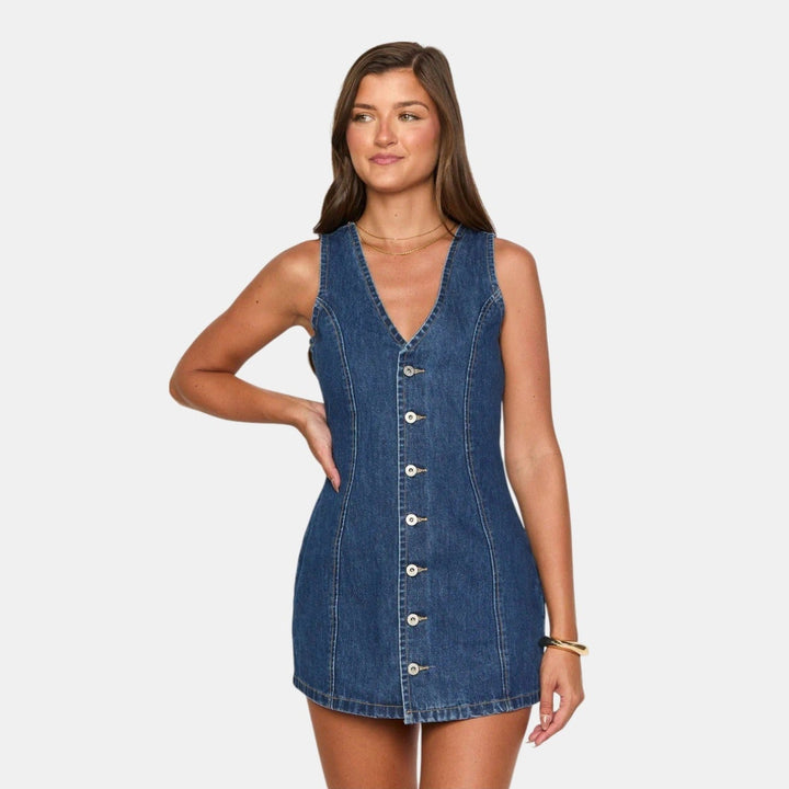 Women's Denim Mini Dress, Sleeveless V Neck Tie Back