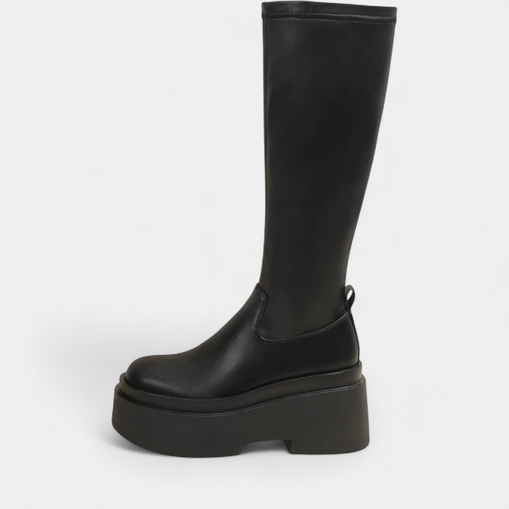Women's Black Platform Knee High Boots, Tall Shaft