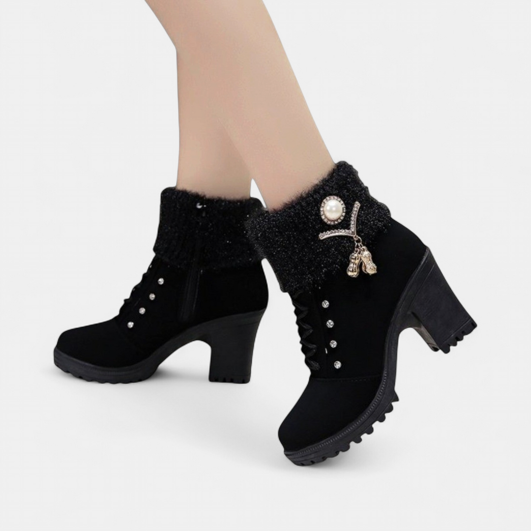 Women's Fur Lined Ankle Boots, Faux Fur Block Heel