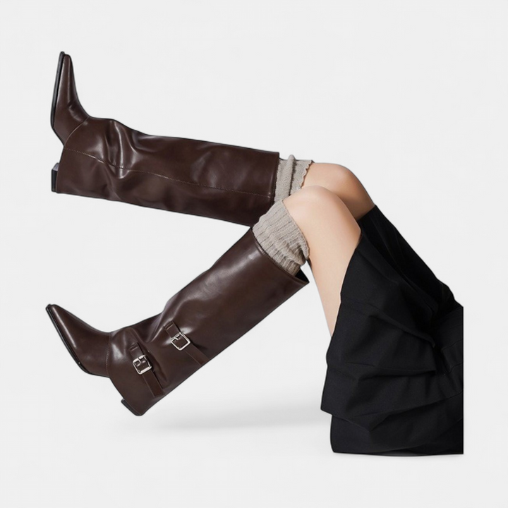Women's Knee High Boots, Pointed Toe Low Wedge