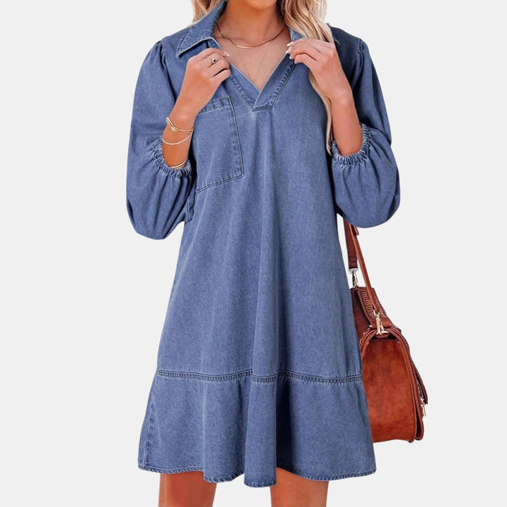 Women's Denim Mini Dress, Puff Sleeve Tiered A Line