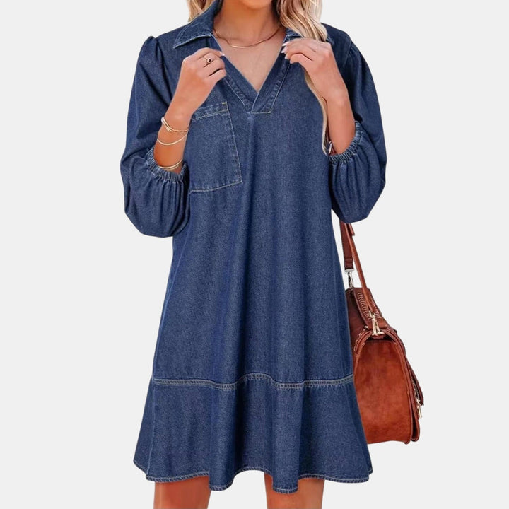 Women's Denim Mini Dress, Puff Sleeve Tiered A Line