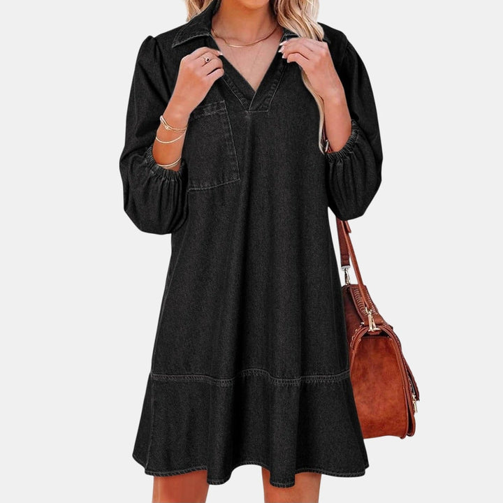 Women's Denim Mini Dress, Puff Sleeve Tiered A Line