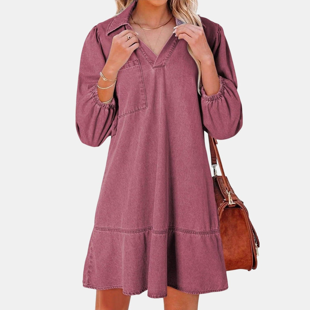 Women's Denim Mini Dress, Puff Sleeve Tiered A Line