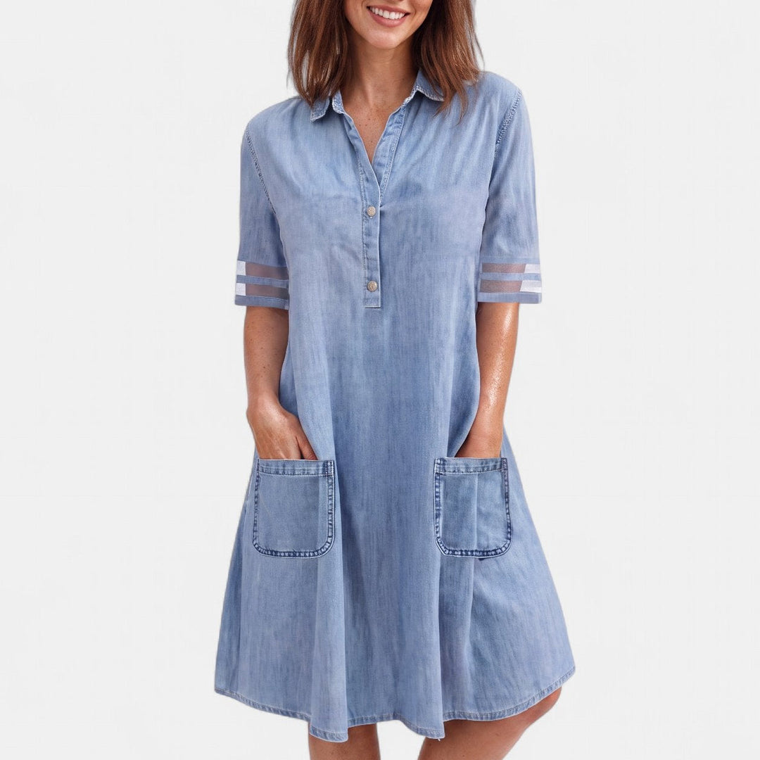 Women's Denim Midi Shirt Dress, Short Sleeve Collared