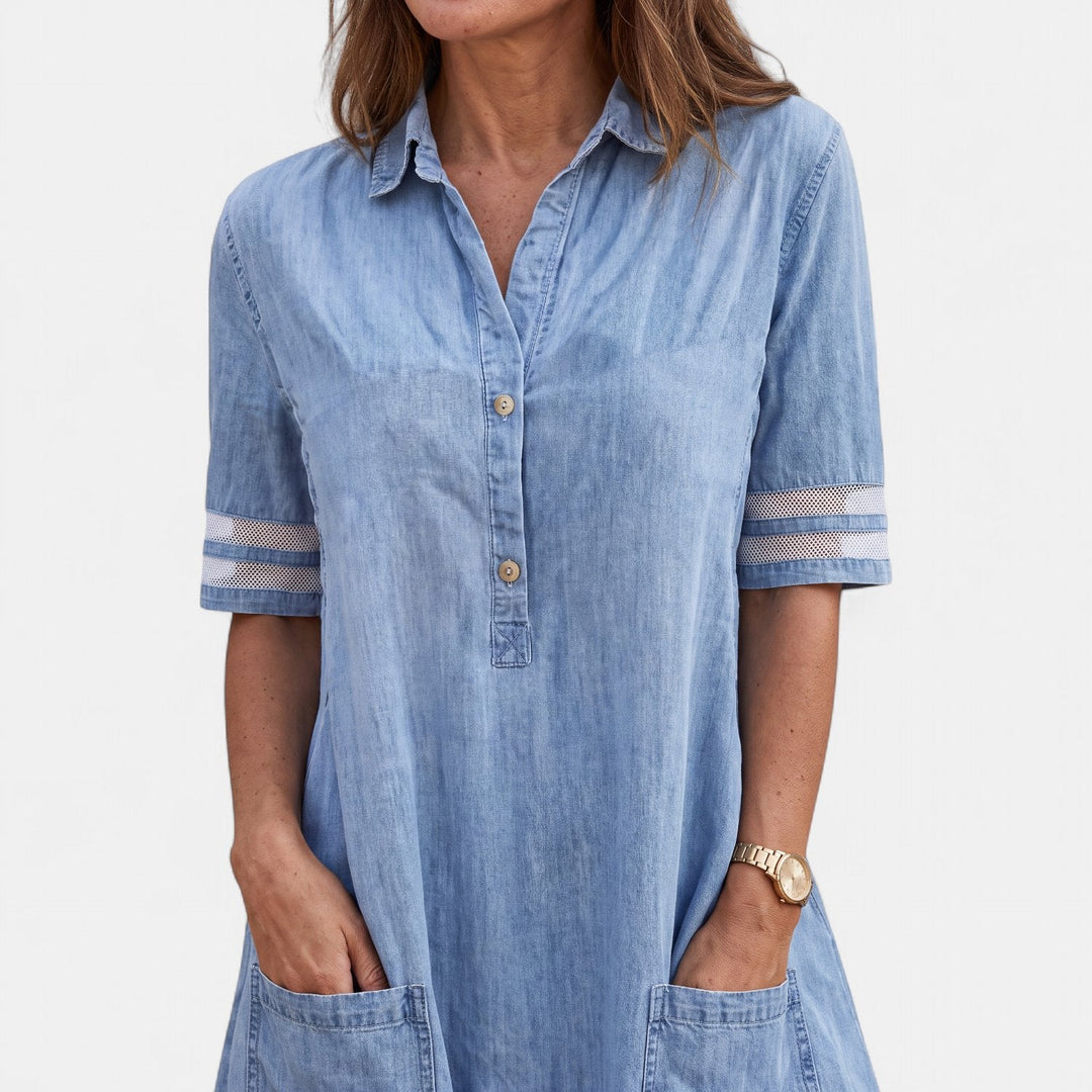 Women's Denim Midi Shirt Dress, Short Sleeve Collared
