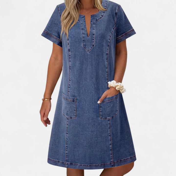 Women's Denim Midi Dress, Short Sleeve V Neck Shift