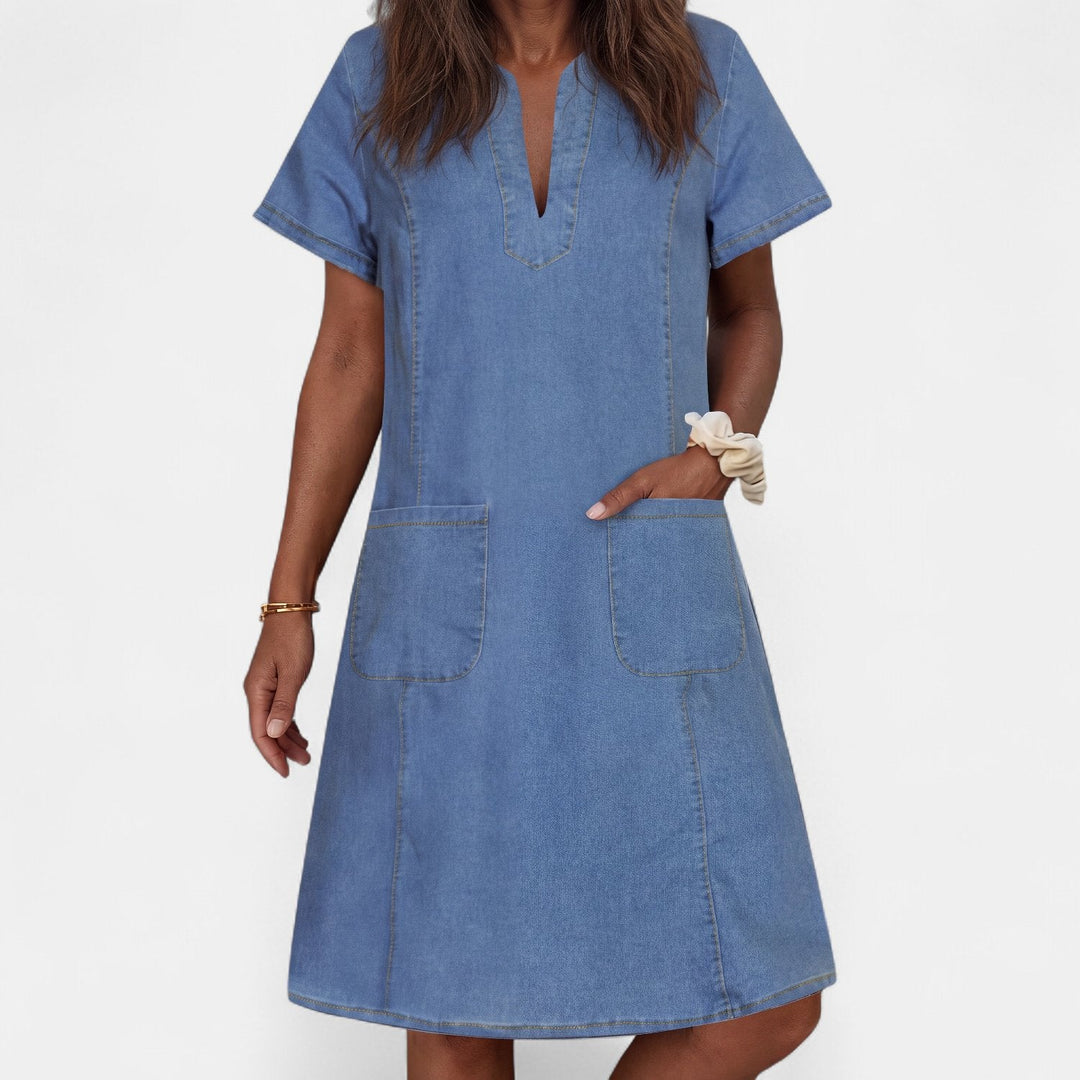 Women's Denim Midi Dress, Short Sleeve V Neck Shift