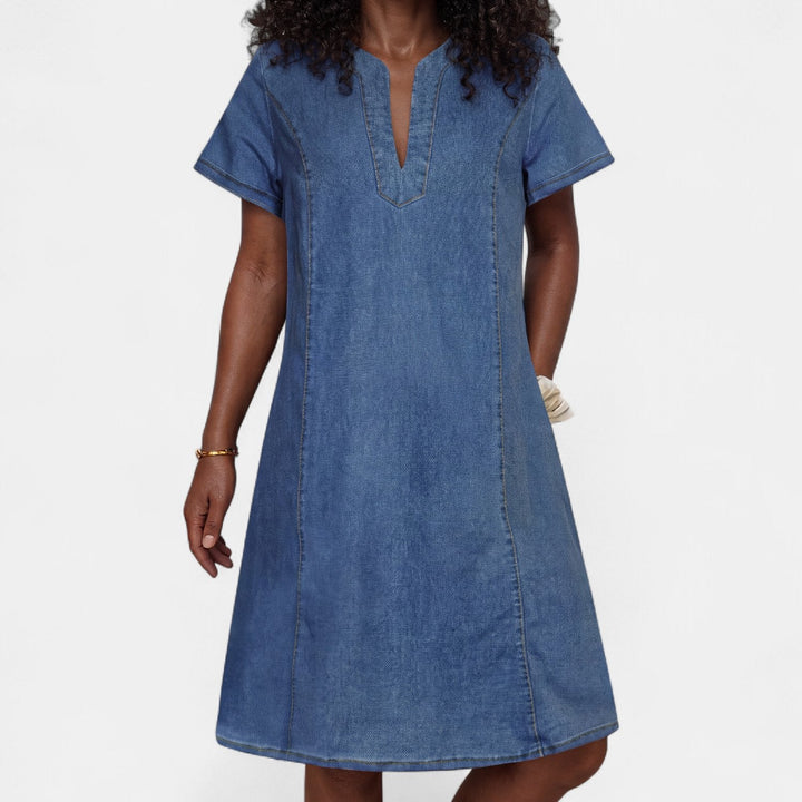 Women's Denim Midi Dress, Short Sleeve V Neck Shift