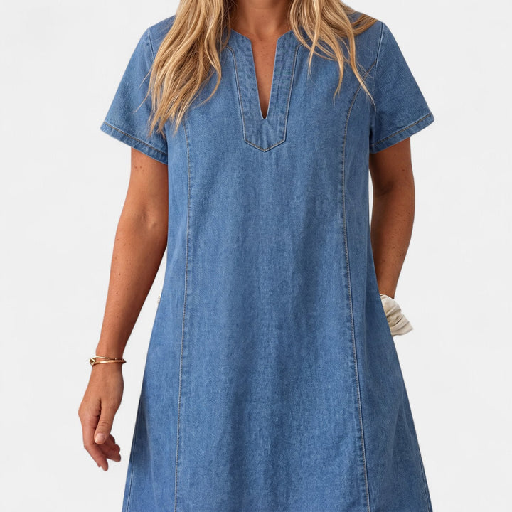 Women's Denim Midi Dress, Short Sleeve V Neck Shift