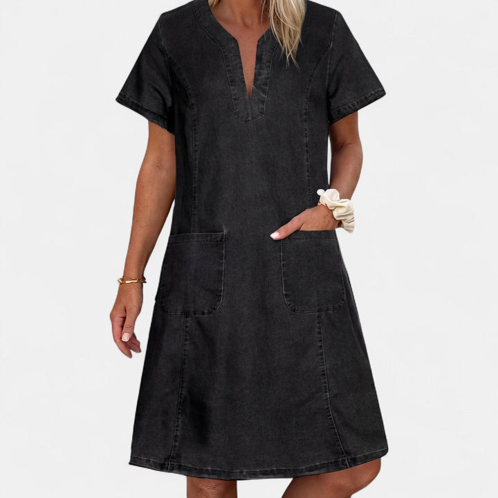 Women's Denim Midi Dress, Short Sleeve V Neck Shift