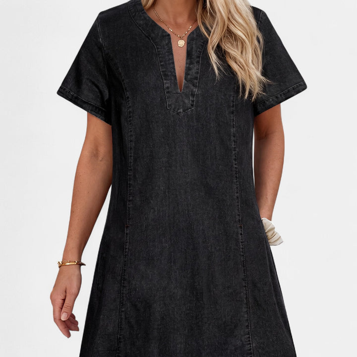 Women's Denim Midi Dress, Short Sleeve V Neck Shift