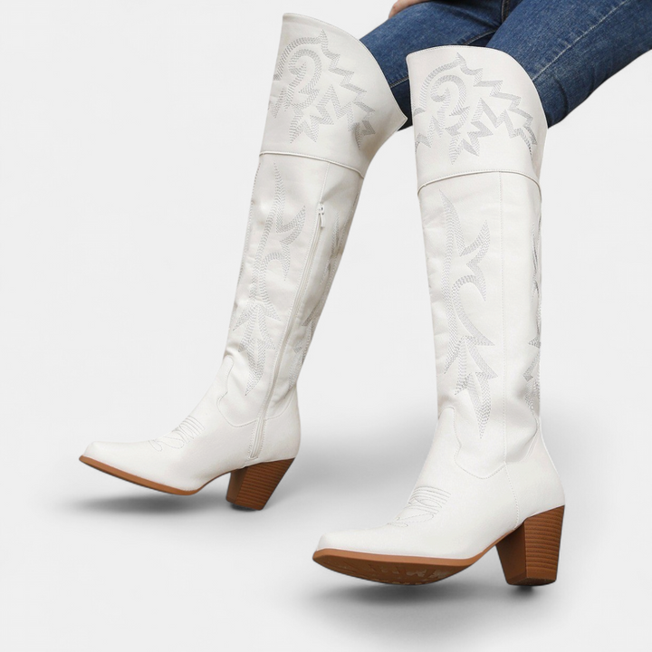 Women's Over The Knee Cowboy Boots, Embroidered Block Heel