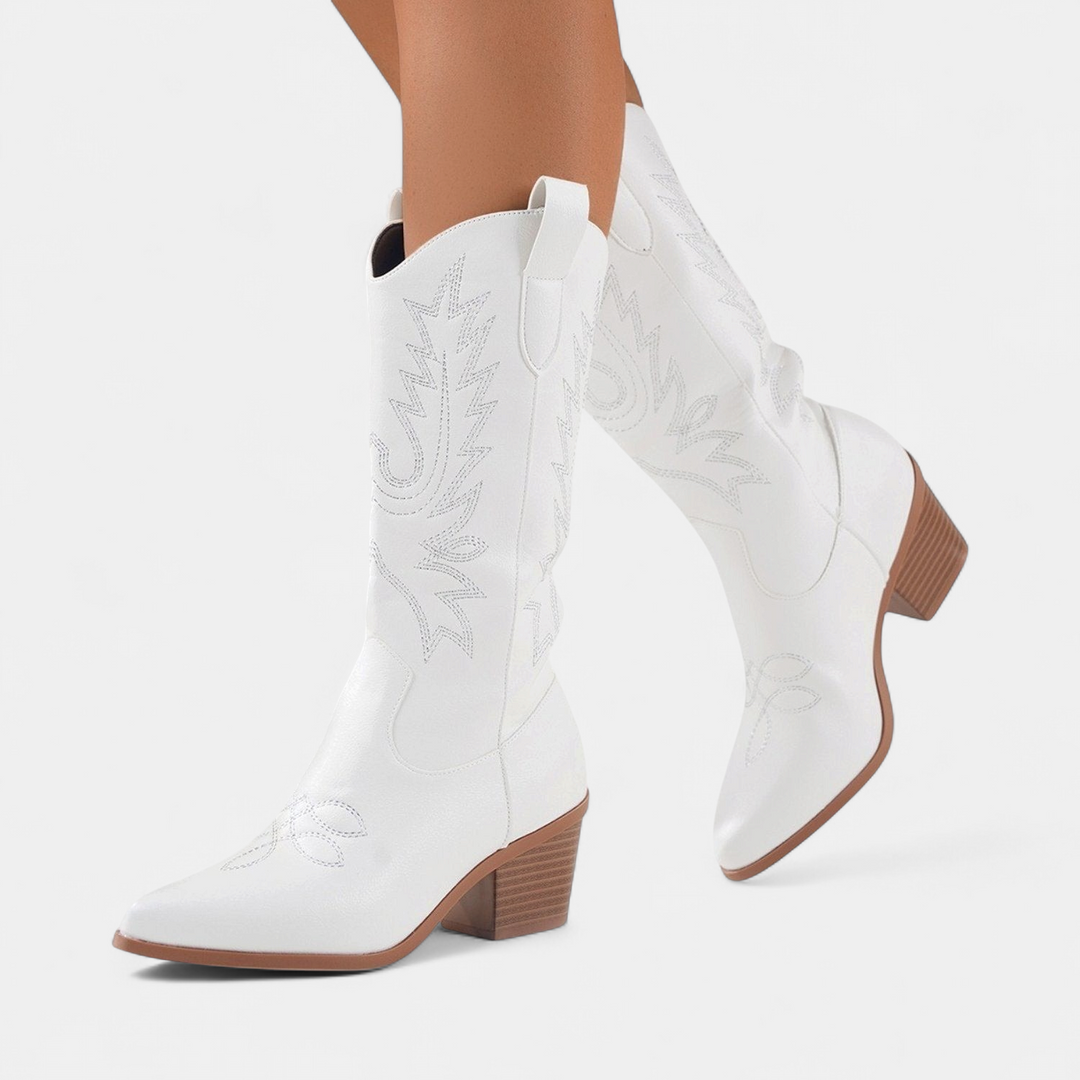 Women's White Cowboy Boots, Pointed Toe Mid Calf