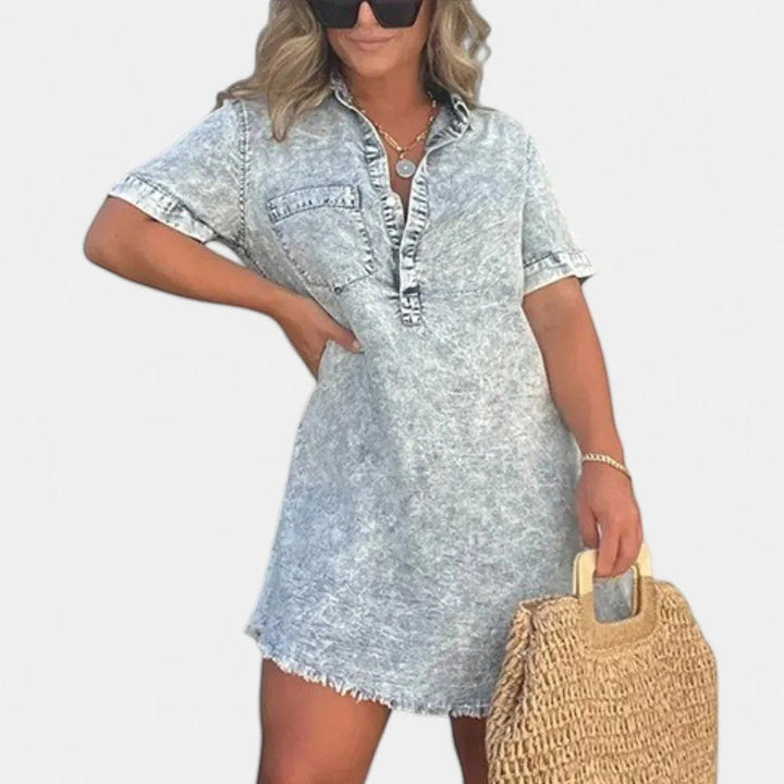 Women's Denim Mini Shirt Dress, Short Sleeve Acid Wash