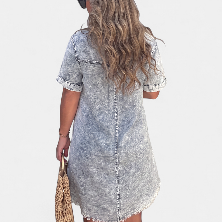 Women's Denim Mini Shirt Dress, Short Sleeve Acid Wash