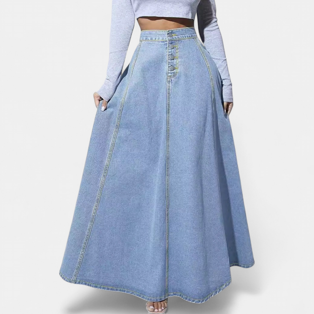 Women's High Waisted A Line Denim Maxi Skirt, Button Front