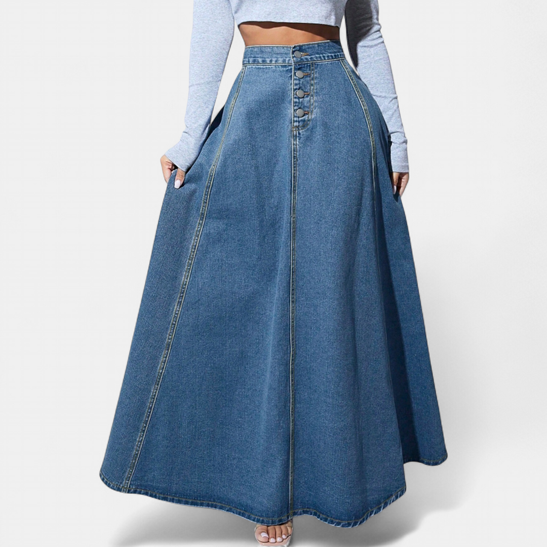 Women's High Waisted A Line Denim Maxi Skirt, Button Front