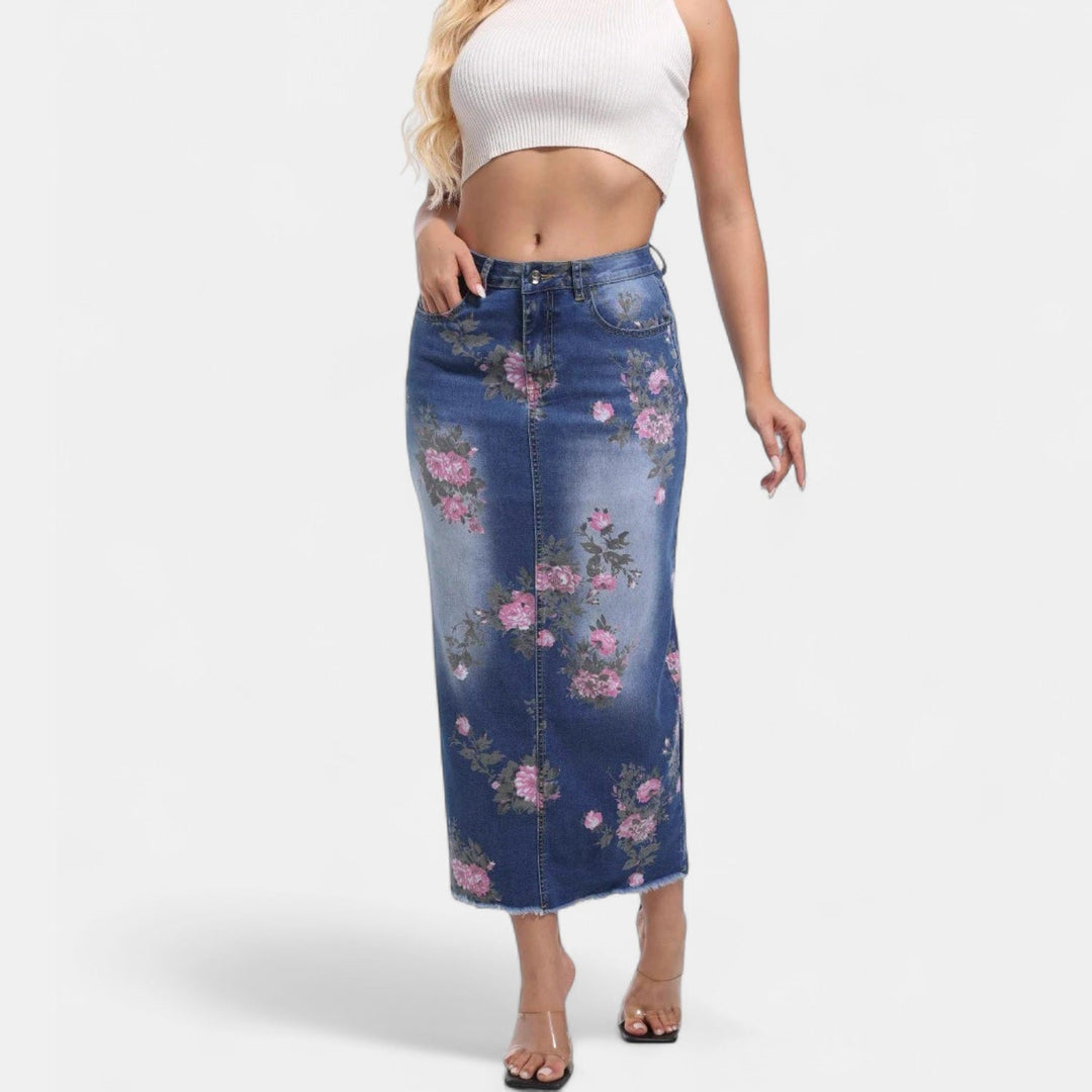 Women's Floral Print Denim Midi Skirt, Fitted Pencil Raw Hem